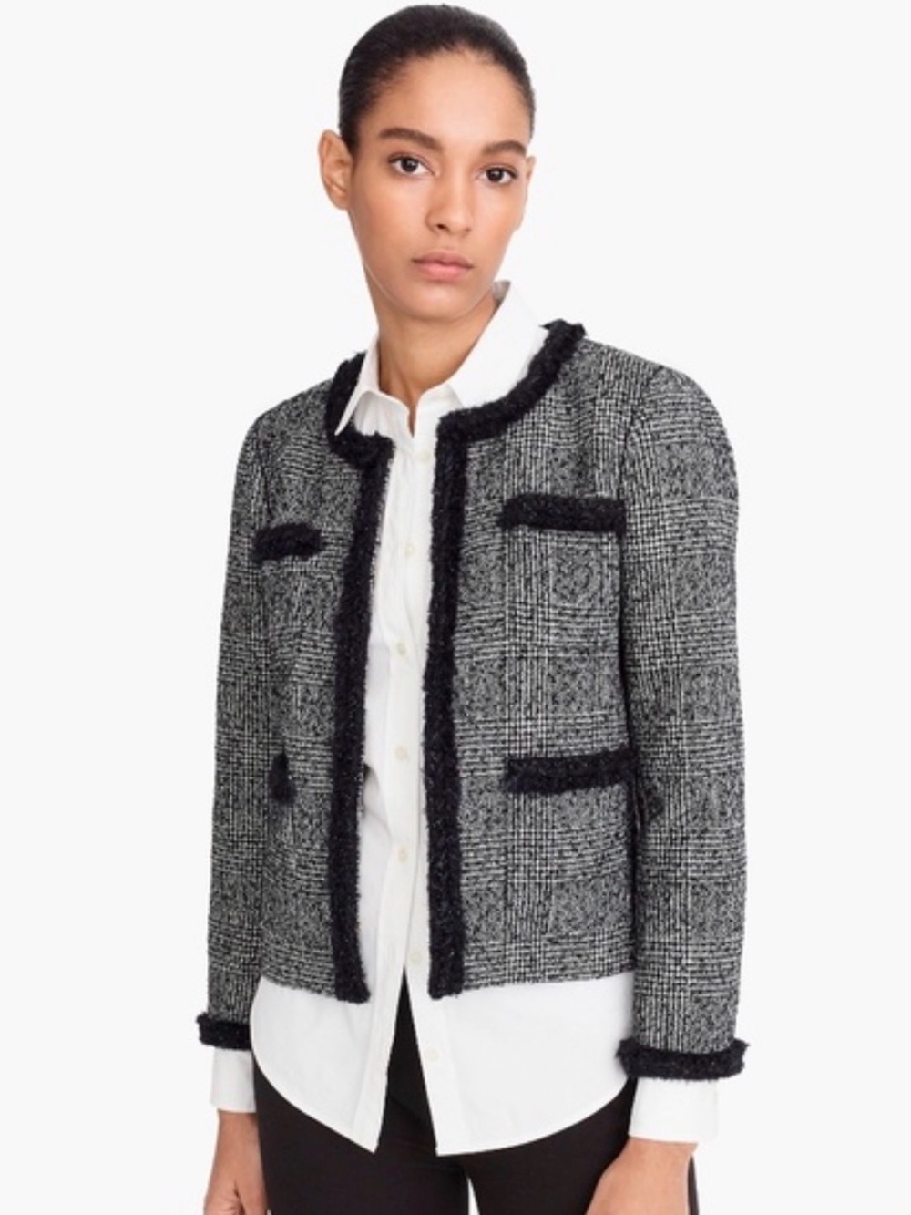 J. Crew Black & Gray Tweed Bouclé-Trim Blazer